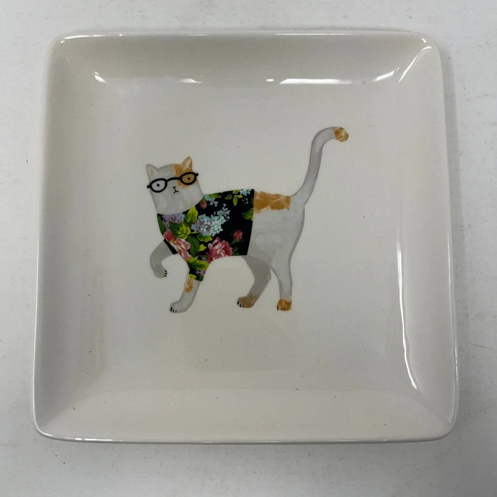 Magenta Ceramic Square Appetizer Plate Cat with Glasses Floral Shirt White 6